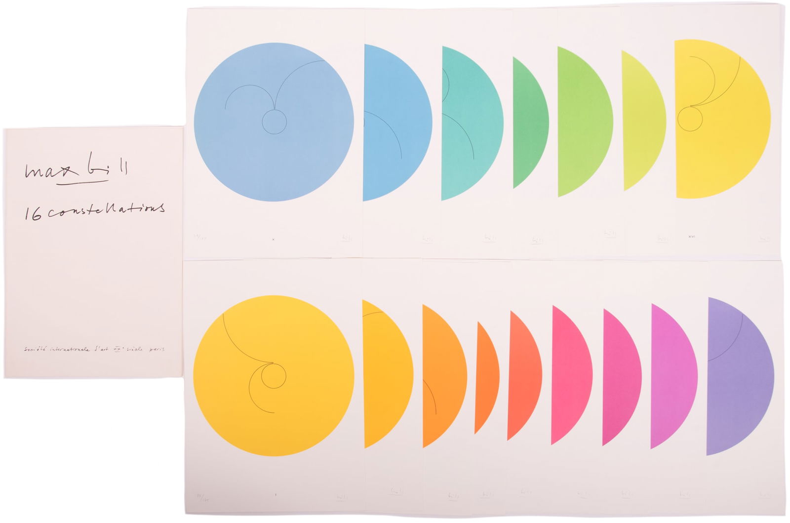 Max Bill, Swiss (1908-1994), Sixteen Constellations Portfolio, 1974, 16 color lithographs, ed.: Max BillSwiss, (1908-1994)Sixteen Constellations Portfolio, 197416 color lithographs, ed. 38/125each lithograph is signed lower right, in portfolio case.19 7/8 x 14 1/8 inches