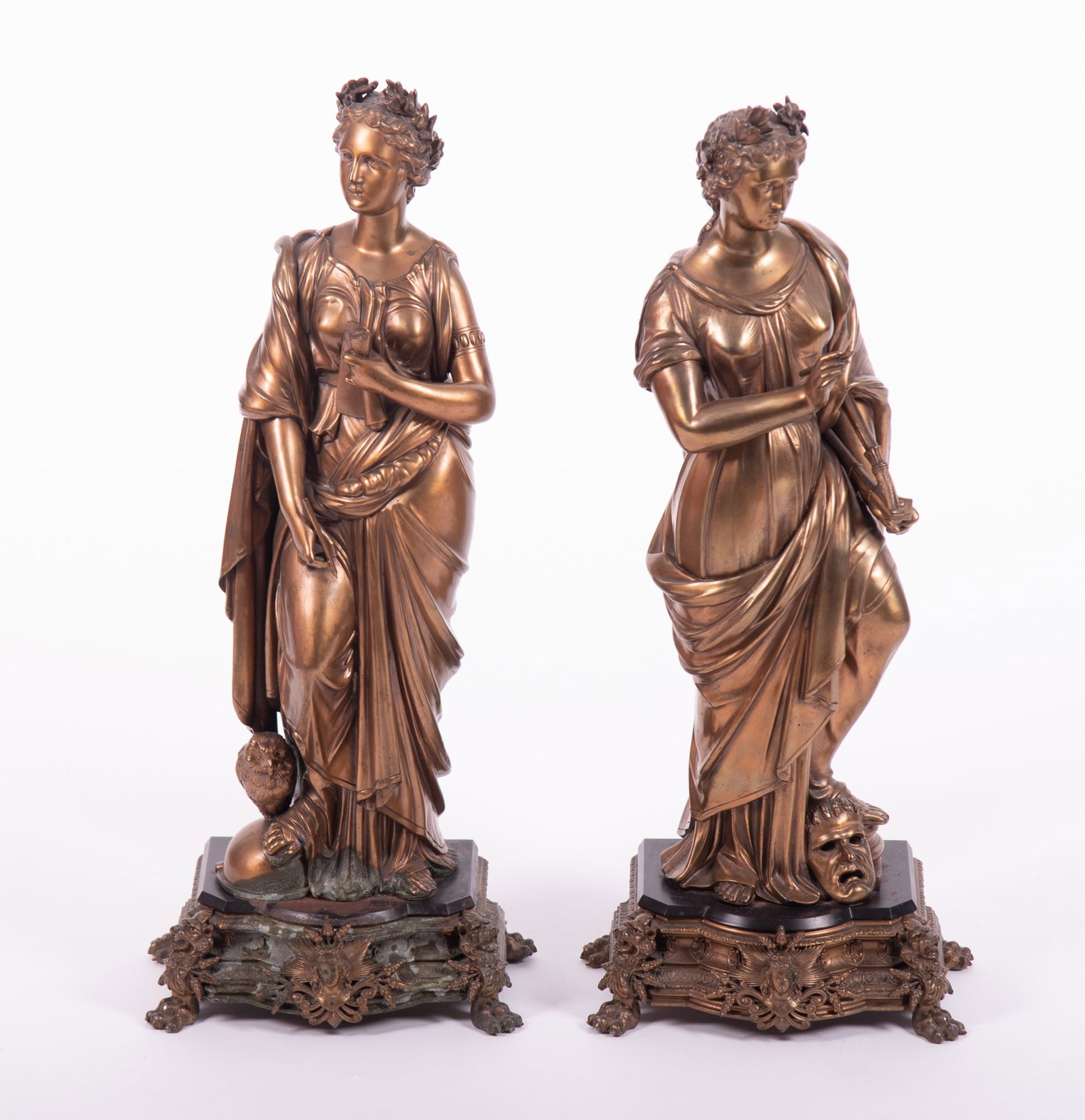 A Pair of Late 19th - Early 20th Century Spelter Sculptures of Greek Goddesses: A Pair of Late 19th - Early 20th Century Sculptures of Greek Goddesses unmarked Height: 24 inches