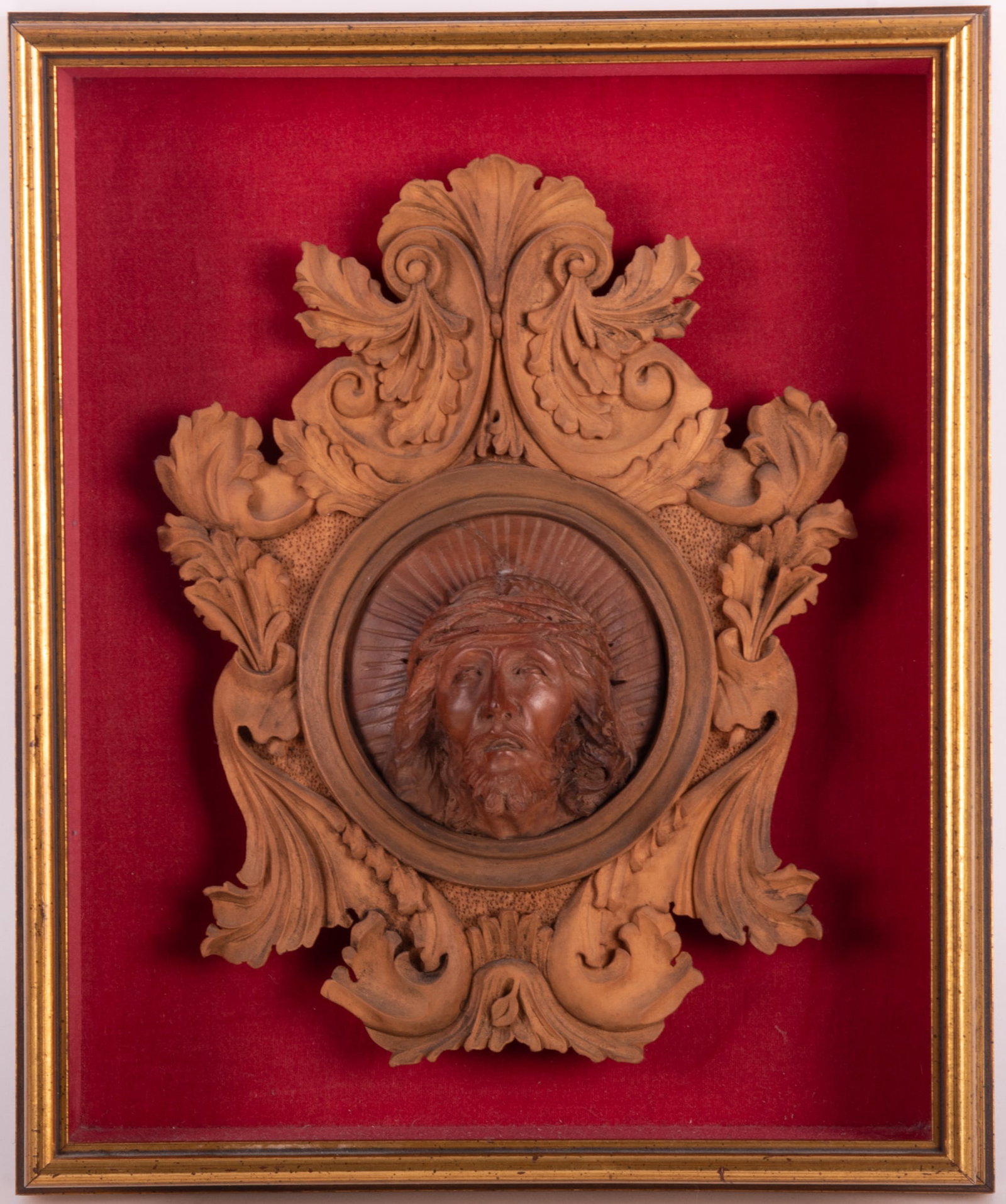 Wooden Head of Christ in Velvet Shadow Box: Wooden Head of Christ in Velvet Shadow Box unsigned, framed. 14 1/2 x 12 inches (frame)