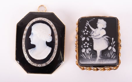 Cameo Brooch with Diamonds, paired with a Mary Gregory Brooch