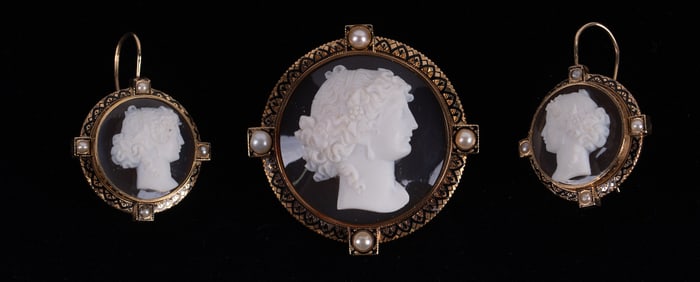 Victorian Hardstone Cameo Brooch and Earrings