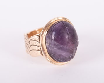 10K Yellow Gold Egyptian Style Ring with Carved Amethyst Scarab