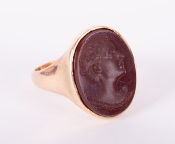 14K Yellow Gold Ring with Intaglio Cut Sardonyx Cameo