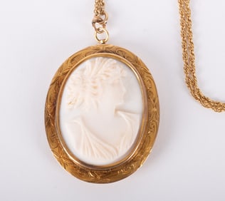 Antique Yellow Gold Hand Engraved Cameo Pendant/Brooch with 14k Yellow Gold Rope Chain Necklace