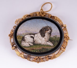 A Gold-Mounted Micro Mosaic Brooch of a Spaniel