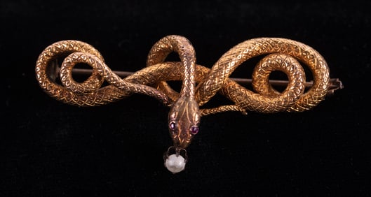 Victorian 14K Yellow Gold Snake Brooch