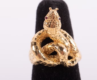 14K Yellow Gold Snake Ring with Ruby Eyes