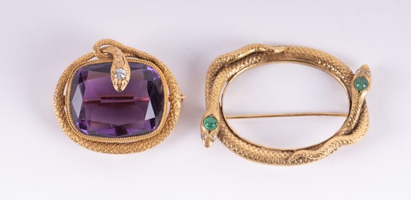 14K Yellow Gold Snake Brooches Set With Stones