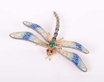 Plique a Jour Dragonfly Brooch, 18K Yellow Gold