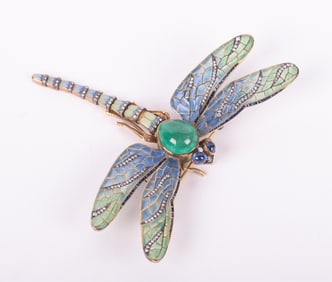Plique a Jour Dragonfly Brooch set in 18K Yellow Gold