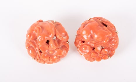 Carved Coral Earrings set in 14K Yellow Gold