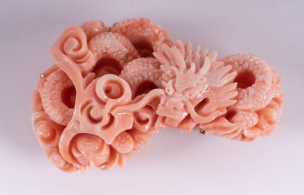Chinese Carved Coral Dragon Brooch in 18K Mounting