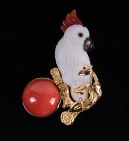 18K Yellow Gold Opal and Coral Parrot Brooch by Elizabeth Gage