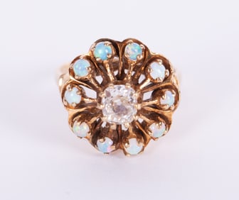 Vintage 14K Princess Ring with Diamond and Opals