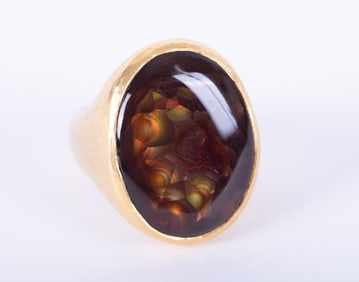 22K Yellow Gold Ring with a Fire Boulder Opal