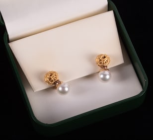 18K Yellow Gold Pearl and Diamond Earrings