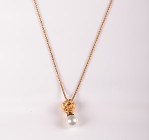 18K Yellow Gold Reticulated Ball with Cultured Pearl Necklace
