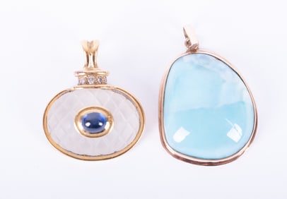 Two Gem Set Gold Pendants, One 18K English Deakins and Francis
