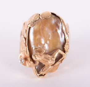 14k Yellow Gold Ring, a Frog Sitting Atop a Baroque Pearl