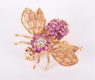 14K Yellow Gold Red Tourmaline & Diamond Bee Brooch