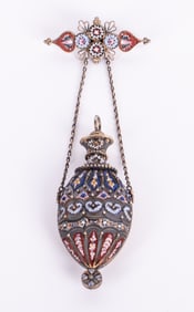 An Antique Italian Mosaic Brooch With Hanging Scent Flask or Tear Catcher