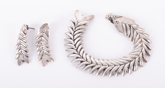 Vintage Sterling Fish Bracelet and Earrings by D'Molina