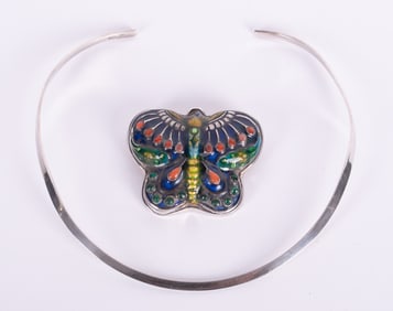 AKR, Amy Kahn Russell Vintage Enamel with Stone Sterling Silver Butterfly Pendant/Brooch Together