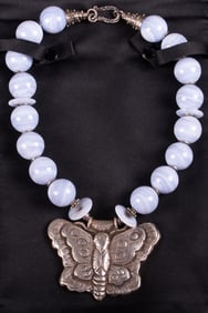 Blue Lace Agate Necklace with Tibetan Silver Butterfly Designer Jane Signorelli