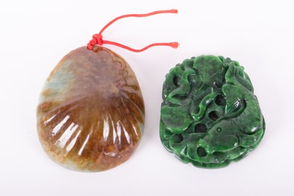 Two Large Jade and Malachite Carved Pendants