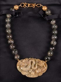 Gemini Carved Jade Pendant with Rutilated Quartz Beads