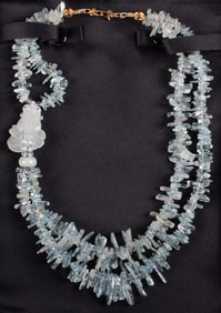 Aquamarine Beaded Necklace with Jade Fish
