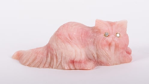 A Russian Carved Hardstone Cat with Diamond Eyes, in the manner of Faberge