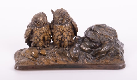 A Continental Figural Bronze Inkwell of Horned Owls
