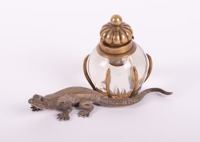 A Continental Figural Lizard Inkwell