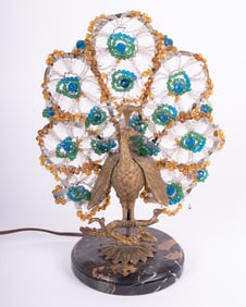 A Bronze and Czechoslovakian Glass Peacock Lamp