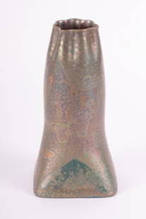 A Clement Massier Iridescent Art Pottery Vase: A Clement Massier Iridescent Art Pottery VaseFrance, early 20th century, Pierre Clement Massier (1845-1917), a fine Art Nouveau vase featuring multiple butterflies and moths, the square form base risi