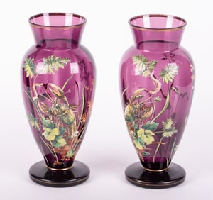A Pair of Bohemian Amethyst Glass Lobster Vases, 19th Century