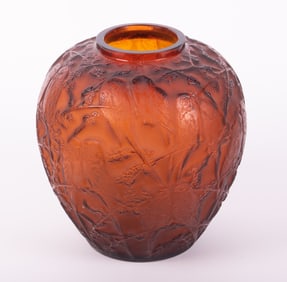 An R. Lalique Amber Perruches Pattern Vase