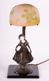 An Art Nouveau Figural Bronze Lamp with Galle Shade