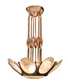 A Gilt Bronze and Frosted Glass Transitional Art Nouveau/Deco Ceiling Fixture, Muller Freres