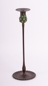 A Tall Tiffany Studios Bronze and Blow-Out Glass Pineapple Pattern Candlestick