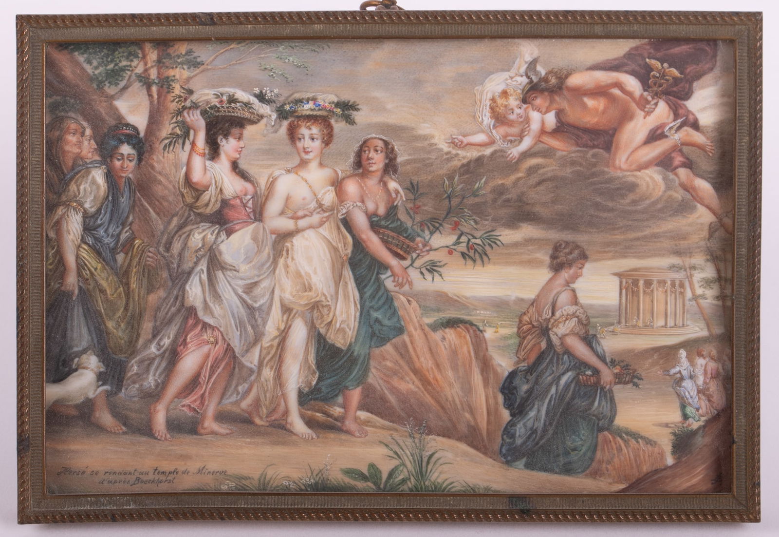 A Mythological Miniature Painting, after Jan Boeckhorst: A Mythological Miniature Painting, after Jan BoeckhorstLikely French, 19th century, a finely painted and detailed miniature painting depicting Mercury beholding Herse, after the 17th century painting