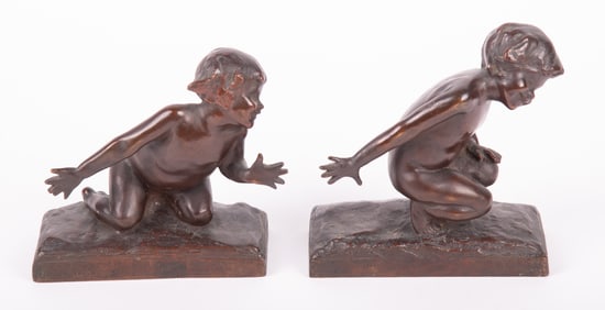 Children Playing, a Pair of Edith Parsons Bronze Bookends