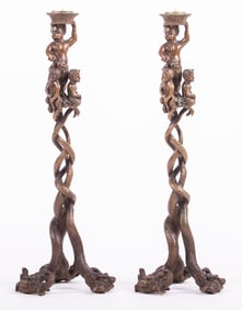 A Pair of French Bronze Satyr and Serpent Candlesticks, Christophe Fratin