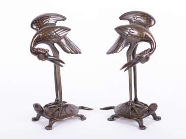 A Pair of Japanese Bronze Storks on Turtles