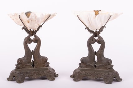 A Pair of Regency Style Bronze Mounted Shell Garnitures