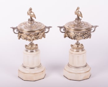 A Pair of French Antique Marble and Silvered Bronze Cassolettes