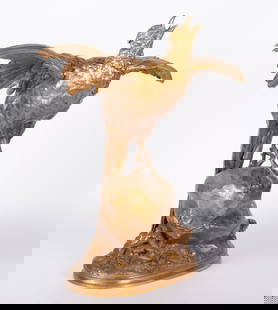 A Large French Gilt Bronze Animalier Figure Group, Alfred Barye: A Large French Gilt Bronze Animalier Figure Group, Alfred BaryeFrance, Alfred Barye (1839?1882), a large gilt bronze figural group of a screeching pheasant, it's leg having been captured by a snake. T