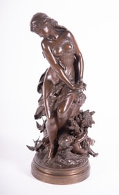A Large French Patinated Bronze of a Woman and Cupid, Mathurin Moreau