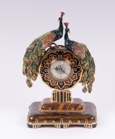 A Jay Strongwater Jeweled Peacock Mantle Clock